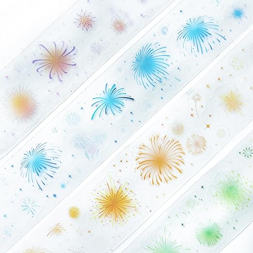Fireworks PET Tape Set, 4 Rolls Pre-Cut Ephemera for Junk Journaling, Scrapbooking, Crafting, DIY Projects, Diaries, and Art Supplies