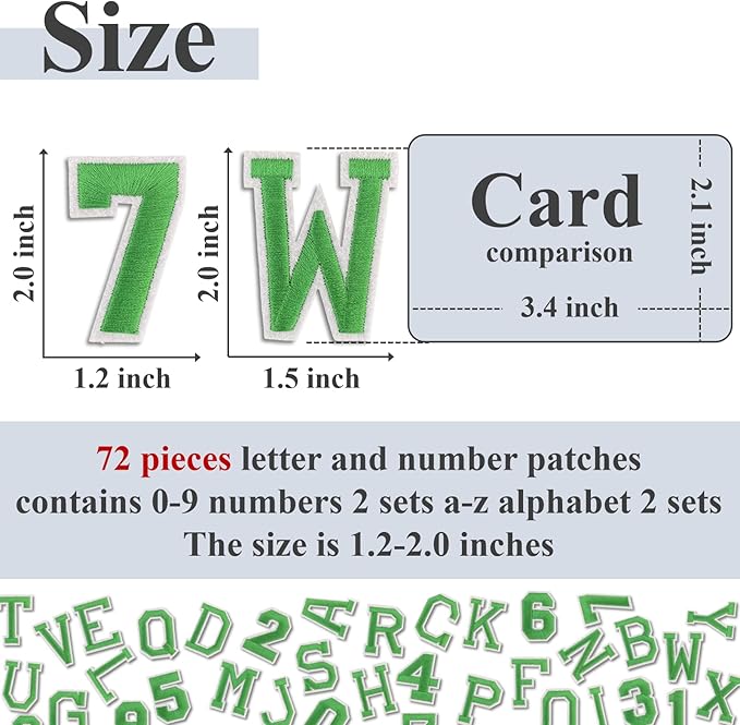 Letter and Number Iron On Patches, A-Z Alphabet and Numbers 0-9 Embroidery Applique Patch, DIY Decorative Heat Press Patches for Clothing Jeans Jackets Backpacks Hats (Green 72 Pcs)