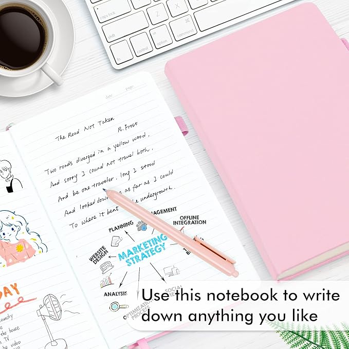 feela 5 Pack Notebooks Journals Bulk, Hardcover Notebook Classic Ruled Lined Journals with Pen Holder for Women Girls School Business Supplies, with 5 Black Pens, 120 GSM, 5.1”x8.3”, A5, Rose Pink
