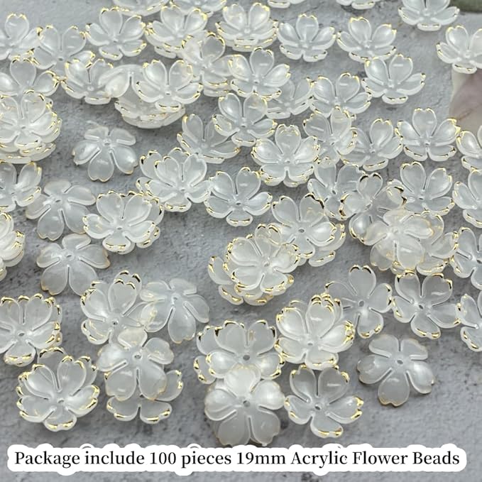 100pcs Acrylic Flower Beads, 19mm Cherry Blossom Plastic Gradient Flower Spacer Beads for DIY Crafts Bracelet Necklace Earrings Jewelry Making(White)