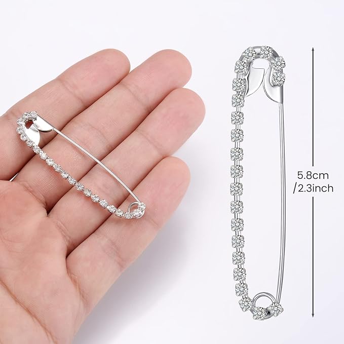 Housweety 10 Silver Tone Rhinestone Safety Pins Brooches 5.8x1.2cm
