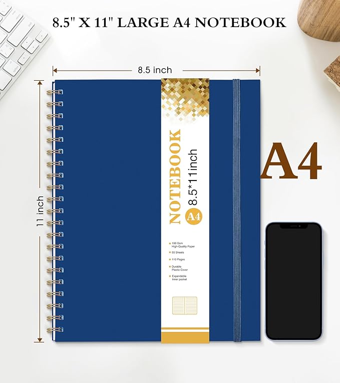 Spiral Notebook Journal 8.5” x 11”, A4 Large Notebooks for Women Men, College Ruled Lined Journal, 100 GSM Paper, Plastic Hardcover Spiral Bound Journals for Work School Note Taking Business, Navy