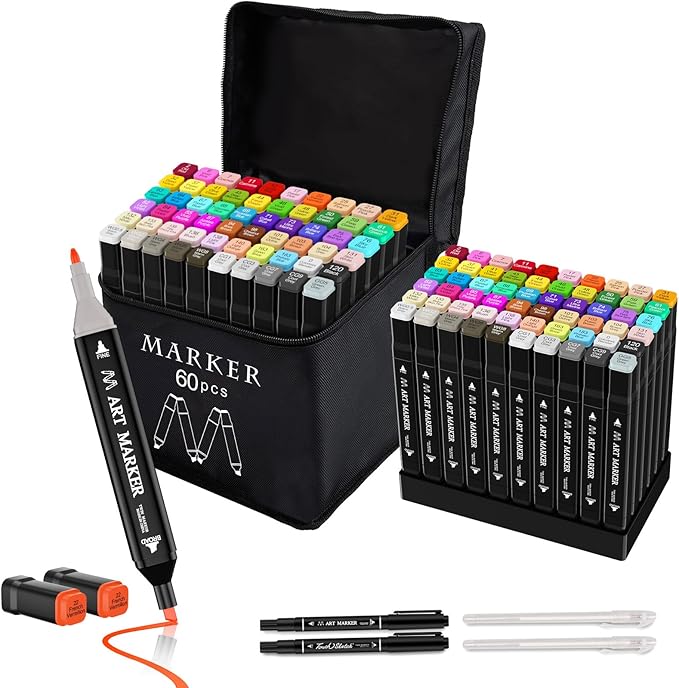 Banral 60 Colors Alcohol Markers Set, Dual Tip Alcohol Based Art Marker for Artists Kids Adult Coloring, Permanent Illustration Sketch Pens for Drawing with Case and Holders