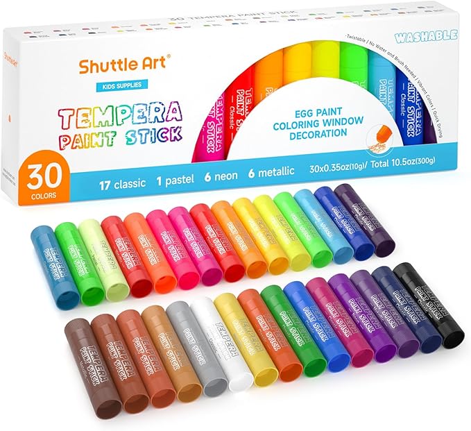 Shuttle Art Tempera Paint Sticks - 30 Solid Colours - Quick Drying - Works Great on Paper, Wood, Glass, Ceramic, Canvas