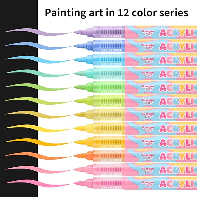Guangna Acrylic Paint Markers 12 Colors, Skin Tone Series Set with Soft Brush Tip Water Based, Fine Tip Markers for Wood, Canvas, Rock Painting, Glass, Diy Crafts, Fabric Paint