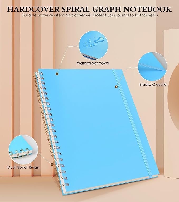 Graph Paper Notebook, Spiral Notebook Journal 8.5” x 11”, A4 Large Grid Notebooks for Women Men, 100 GSM Graph Paper, Plastic Hardcover Spiral Graphing Journals for Work School Engineerin, Blue