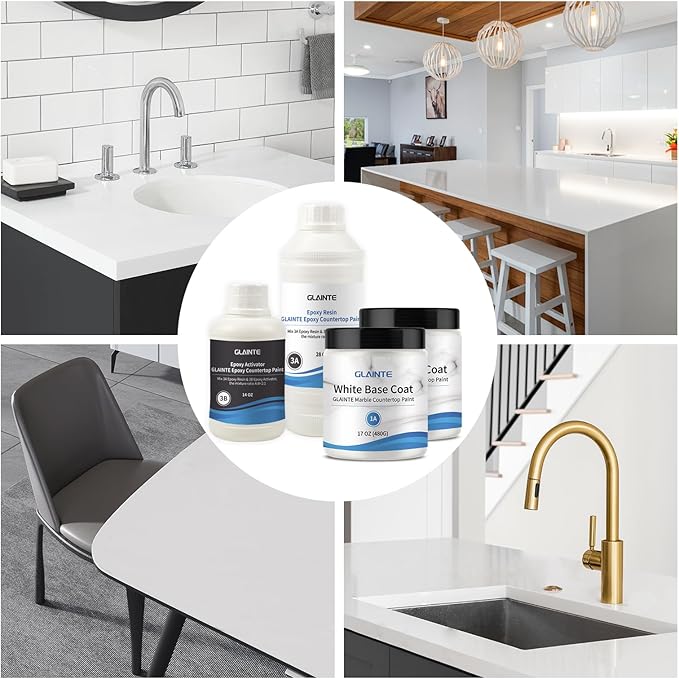 GLAINTE Bright White Marble Countertop Paint Kit Epoxy Countertop Refinishing Paint for Kitchen Bathroom Cover 38 Sq.Ft