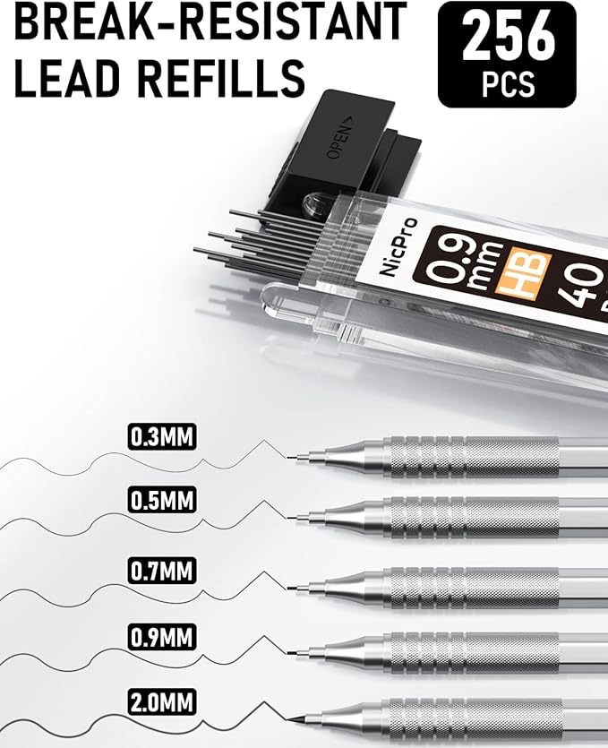 Nicpro Metal Mechanical Pencil Set, 5 PCS Art Drafting Pencils 0.3, 0.5, 0.7, 0.9 mm & 2mm Graphite Lead Holder For Sketching Drawing With 9 Tubes (4B 2B HB 2H Colors) Lead Refills Erasers Case