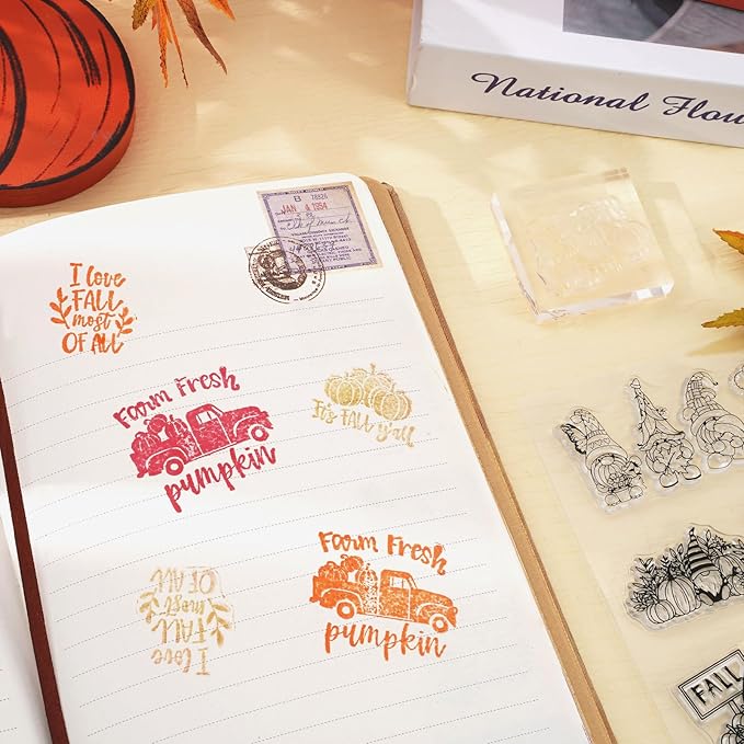 Whaline 5 Sheet Fall Thanksgiving Clear Stamps Autumn Leaves Pumpkin Gnome Silicone Transparent Stamps Happy Fall Border Stamp Cards for DIY Craft Card Making Scrapbooking Embossing Album Decor