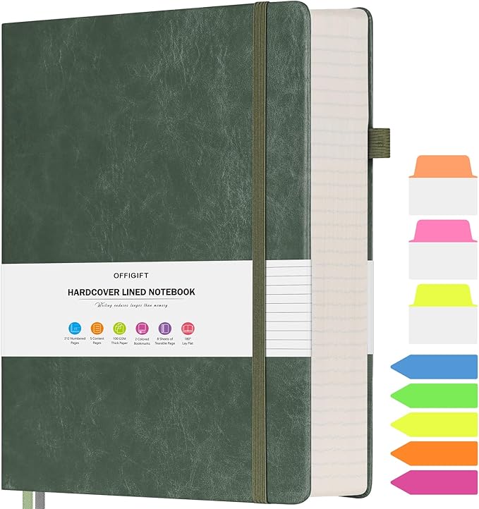College Ruled Notebook, Large A4 Hardcover Leather Journal, 312 Numbered Pages Writing Journal, 100gsm No Bleed Paper, Lined Journal Notebook for Women Men School Office, 8.5''×11'', Green