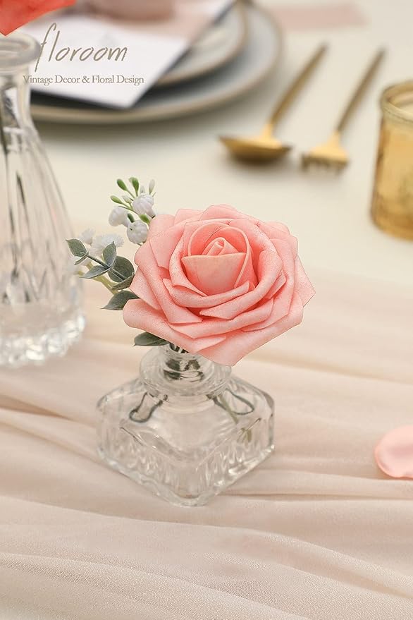 Floroom Artificial Flowers 25pcs Real Looking Mixed Living Coral Foam Fake Roses with Stems for DIY Wedding Bouquets Bridal Shower Centerpieces Floral Arrangements Party Tables Home Decorations