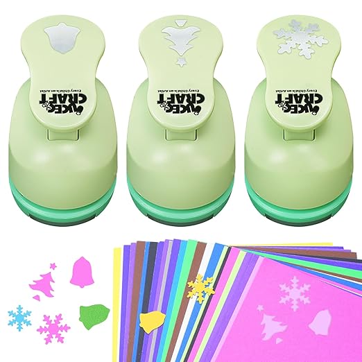 UCEC Hole Punch 1 Inch Craft Christmas Snowflakes Bells Shapes 30 Pieces Hole Puncher for Crafts Set with Craft Paper Cardstock, Mix Shape Designs Hole Puncher for Kids for Crafting Scrapbooking