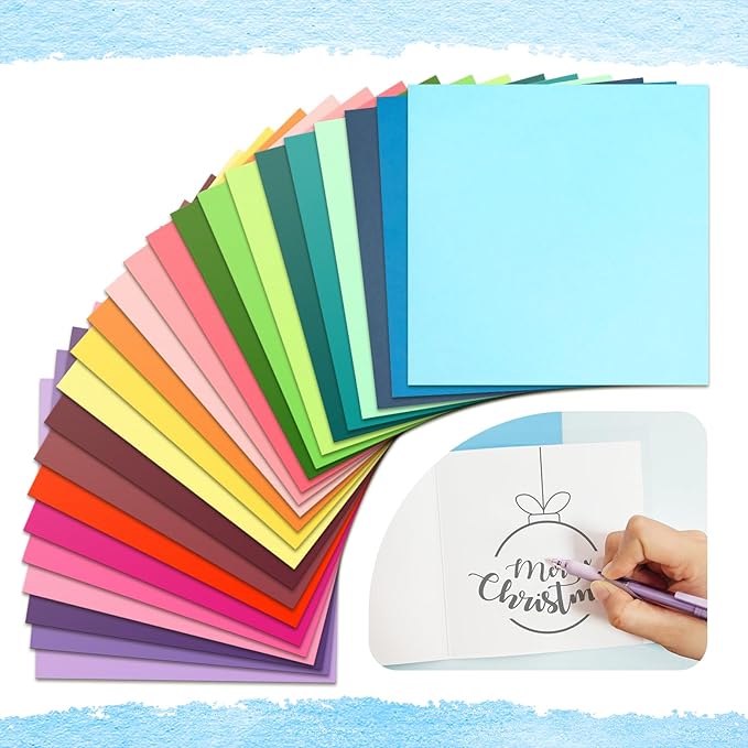 6 x 6 Inch Sqaure Blank Cards with Envelopes 100LB Folded Greeting Cards 24 Assorted Colors 48 Thick Plain Card Stock for Card Making, Photo Cards, Embroidery