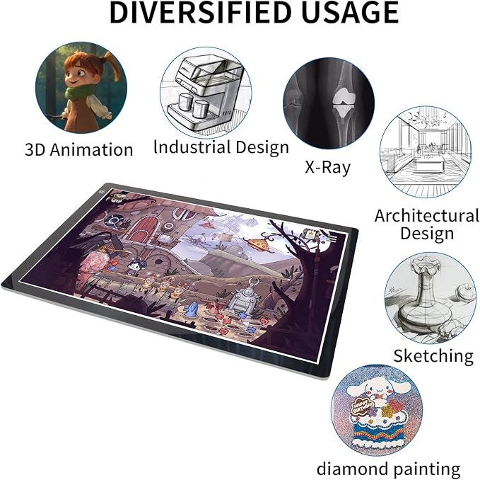 A2 Light Pad Super Thin 7mm Portable Stepless Dimmable Brightness Large Light Box Copy Board for Diamond Painting Weeding Vinyl with 2 Multi-Functional Clips 12V 2A Adapter (23.7''x15.8'')