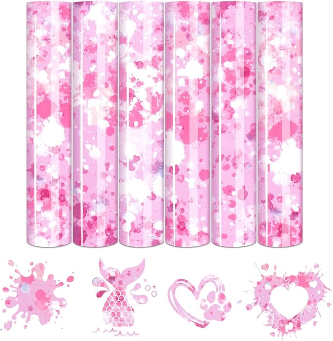 Tintnut Pink White Splash Heat Transfer Vinyl - 6 Sheets 10"x12"Watercolor HTV Patterned HTV Iron On Vinyl for T-Shirts Hats Clothes,for Cricut & Silhouette Cameo