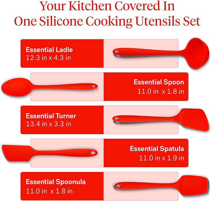 GIR: Get It Right 5-Piece Silicone Essentials Kitchen Utensils Set - Ladle, Spatula, Flip, Spoon & Spoonula - Non-Toxic Cooking Utensils for Nonstick Cookware, Cooking and Baking - Fire Red