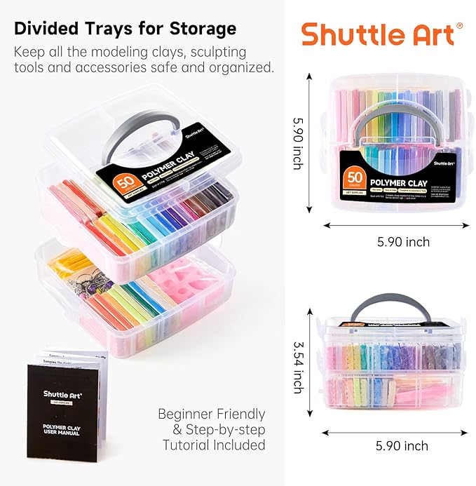 Shuttle Art Polymer Clay Kit, 50 Colors, Soft Oven Clay Kit, 19 Carving Tools and 10 Kinds of Accessories, Non-Stick, Non-Toxic, Ideal Gift for Kids