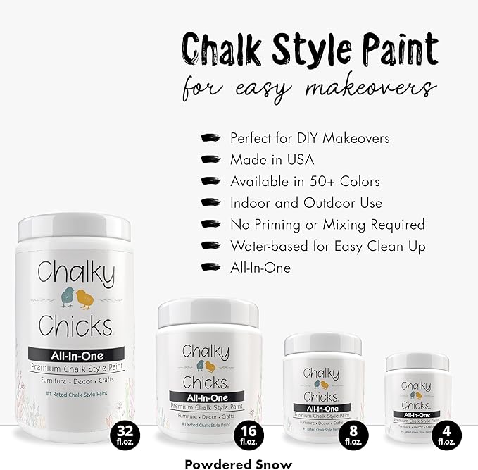 Chalky Chicks All-in-One Chalk Paint for Furniture or Cabinet -8Fl Oz- Matte Finish Powdered Snow (Pure White) for Metal, Wood Furniture Paint - No Sanding All-in-One for Home Decor & Crafts, USA Made
