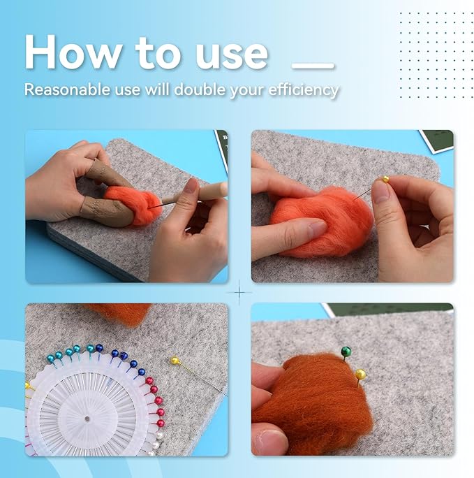 WONVOC Needle Felting Pad, 6x6x1'' Natural Wool Felting Mat, Needle Felting Supplies, with Finger Cots and 40 Straight Pins, for Wool Project Crafts