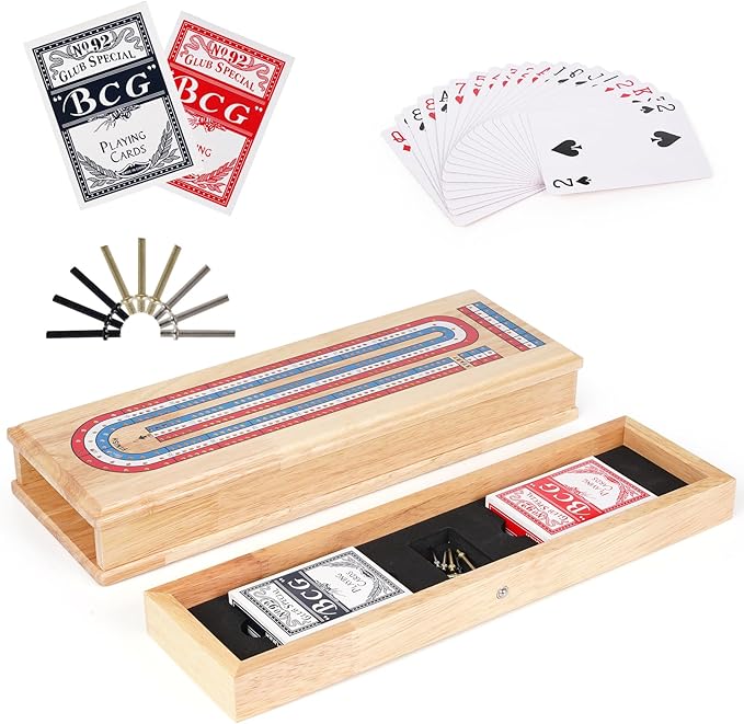 Wooden Cribbage Board Game Set with Storage Drawer & Metal Pegs – Premium 3-Track Cribbage Board with Cards, Portable Travel Strategy Game for Adults, Kids & Family Game Night
