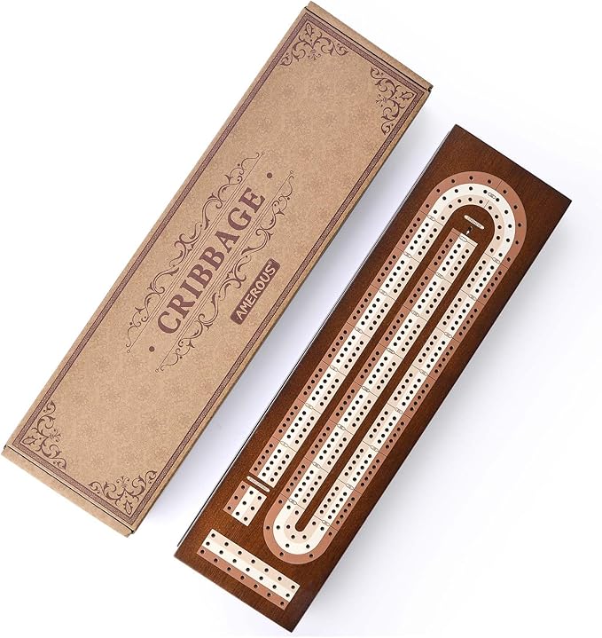 AMEROUS Wooden Cribbage Board Game Set with Magnetic Lock - Metal Pegs - 2 Playing Cards - Continuous 3 Track Board - Larger Storage Area, Travel Portable Cribbage Game Sets for Family