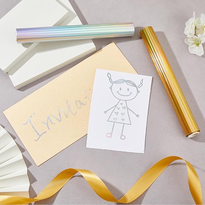 SUPERFINDINGS 2 Colors 16m/Roll PET Hot Foil Transfer Roll Hot Foil Stamping Paper 19.3cm Width Metallic Heat Transfer Foil Papers for Foil Quill/Heat Foil Pen Craft Card Making Golden Silver