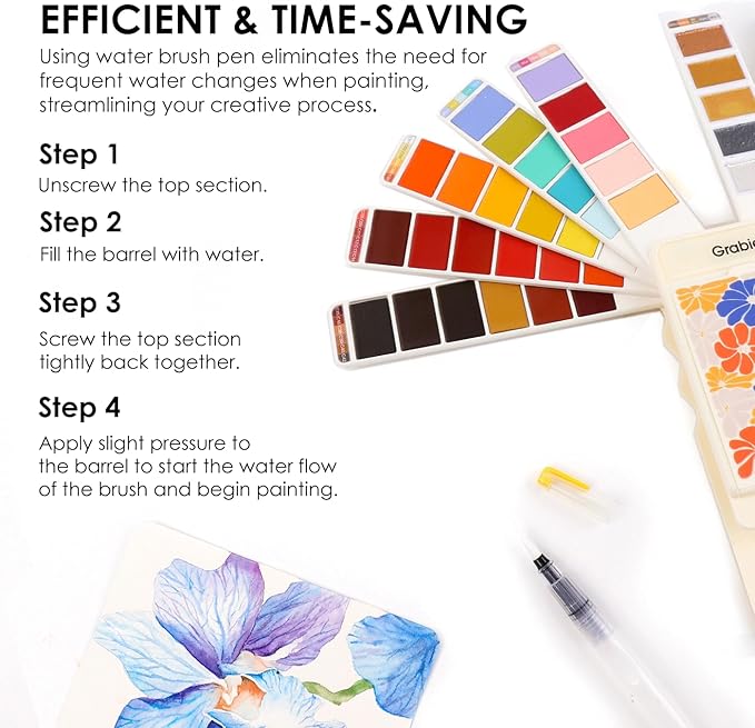 Grabie Watercolor Paint Set, 56 Colors Handheld Watercolor Set of Water Brush Pen, Palette and Removable Sponge, Portable Watercolor Paint for Artist Beginner and Professional