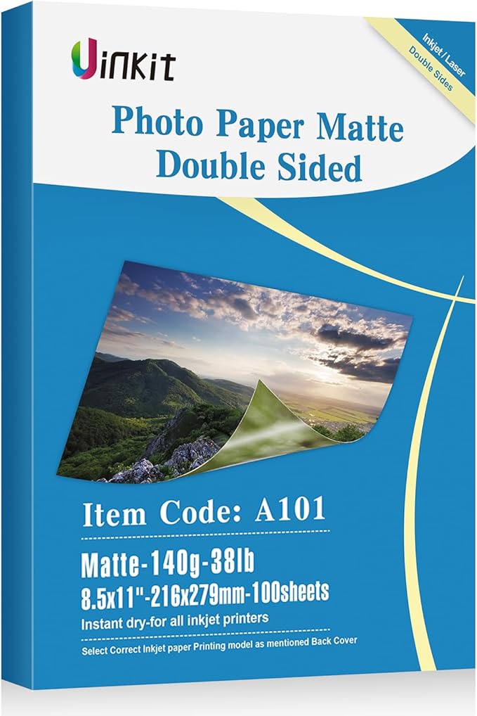Uinkit 100 Sheets Thin Matte Presentation Paper Photo Double Sided 8.5x11 38lb 140gsm Printable on Both Sides Brochure Photos Picture Poster Playbill Flyer 6.5 Mil Coated for laser and Inkjet Printer