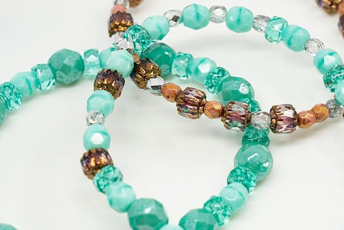 0.9 oz (25g) Gentle Mix of Faceted Fire Polished Czech Glass Beads (Round, Rondelle etc) 4-9mm, Teal Turquoise