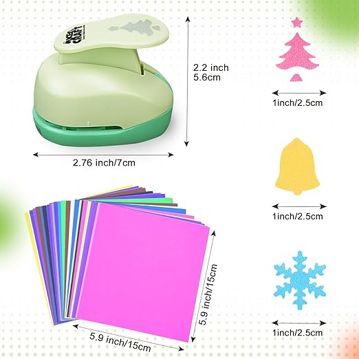 UCEC Hole Punch 1 Inch Craft Christmas Snowflakes Bells Shapes 30 Pieces Hole Puncher for Crafts Set with Craft Paper Cardstock, Mix Shape Designs Hole Puncher for Kids for Crafting Scrapbooking
