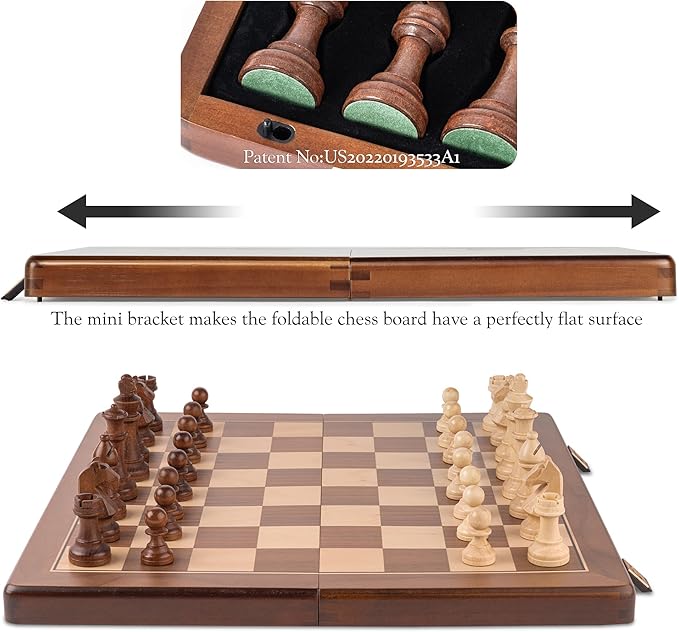 A&A 15" Magnetic Wooden Chess Set, Handmade 3" King Height Knight Staunton Chess Pieces with 2 Extra Queen, Folding Portable Travel Game Set