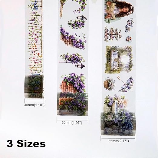 Wisteria Garden PET Tape Set, 3 Rolls of Pre-Cut Floral Vine Stickers for Scrapbooking, Journaling, DIY Crafts, and Collage Decoration (30mm/50mm/55mm)