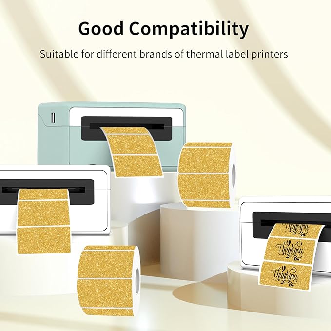 3x2 Inch Holographic Thermal Labels, Glitter Gold Thermal Sticker Labels, Waterproof Thermal Printer Stickers for Price, Barcode, Name, Custom Logo Design, 200 Pcs/Roll
