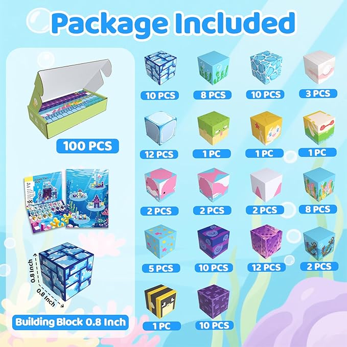 Magnetic Blocks, 100PCS Magnetic Building Blocks, Stacking Magnets for Kids, Sensory Toy for STEM Constructions Magnet Blocks for Boys Girls Age 3+, Christmas Birthday Gifts (Ocean World)