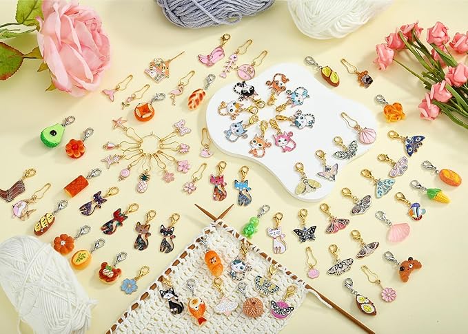BEEFLYING 18Pcs Vegetable Stitch Marker Charms for Crocheting and Knitting, Resin Plant Crochet Knit Stitch Marker Pendant with Lobster Clasp for Sewing Quilting Handmade Jewelry