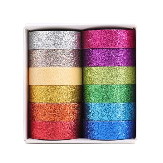 Tesuivra DIY Glitter Washi Tape Set - 12 Rolls Colored Masking Tape, Sparkle Decorative Tape for Art, Scrapbook Tape,Decor & Crafts (Dark)