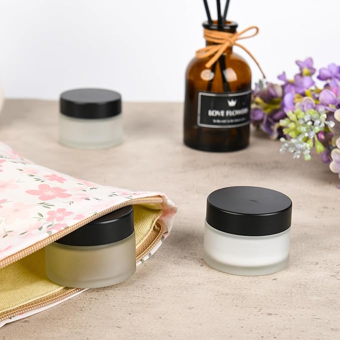 Glass Jars with Lids,Eco-Friendly Cosmetic Containers with Airtight Black Lids & Liners, Multi-Color Options for Cream, Lotion, Body Butter, DIY Skincare Travel Jars (Clear Frosted, 1oz)