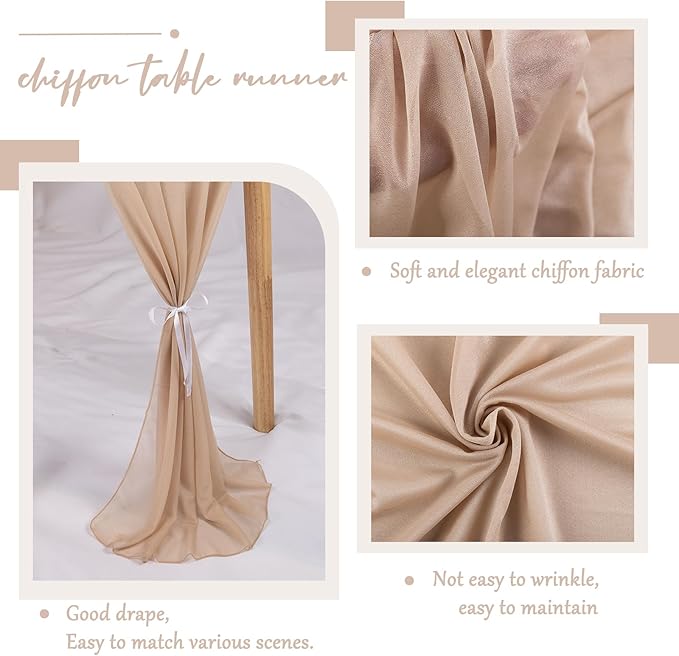 Champagne Chiffon Table Runner 30 x 120 Inches Sheer Table Runner 10ft Romantic Chiffon Table Runner for Wedding Decor Birthday Party Bridal Baby Shower Decoration