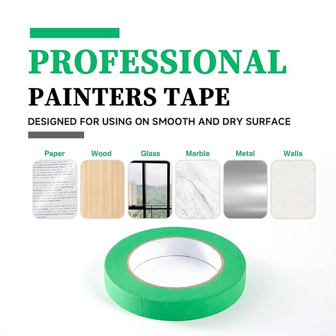Premium Green Masking Tape,Painters Tape,Green Painters Tape for Automotive,DIY Paper Arts & Crafts, Spraying Drywall Paint, No Residue & Easy to Clean Up,12pcs 0.7inch X 54 Yd Painter's Tape