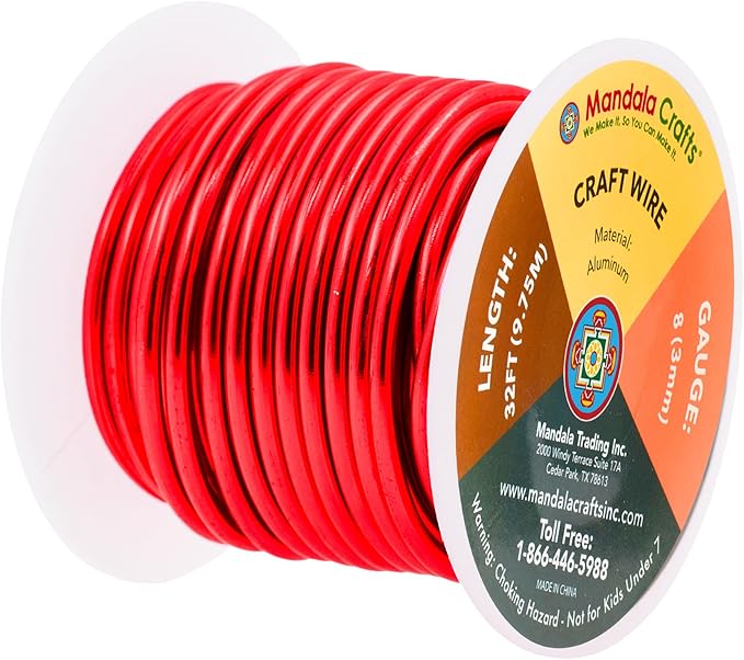 Mandala Crafts 8 Gauge Anodized Aluminum Craft Wire for Jewelry Making - 32 FT Colored Flexible Red Wire - Bendable for Bonsai Armature Crafting Sculpting