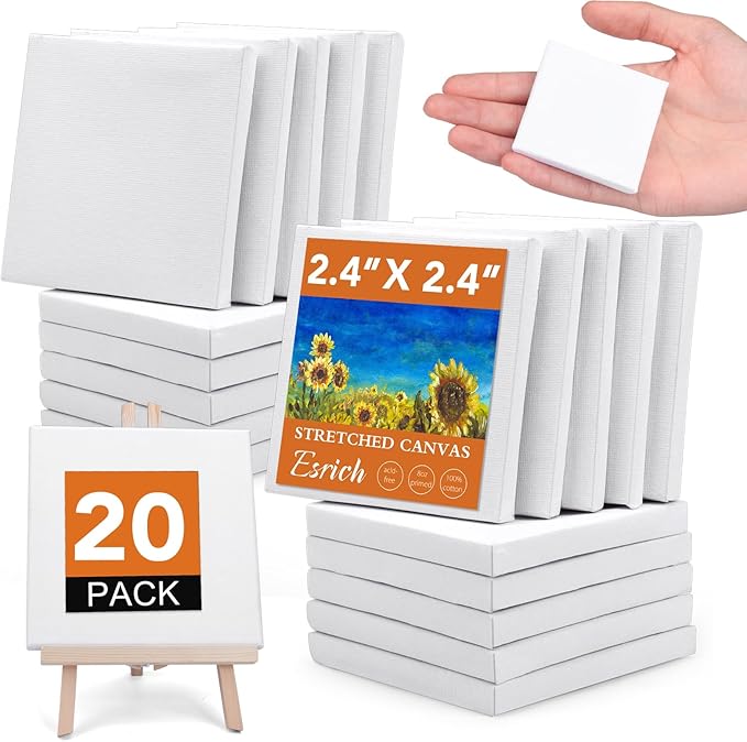 ESRICH Mini Stretched Canvas 20Pack 2.4x2.4inch, 2/5''Profile Art Primed Canvases for Painting, Cotton Small Professional Stretched Canvas for Kids and Art Supplies.