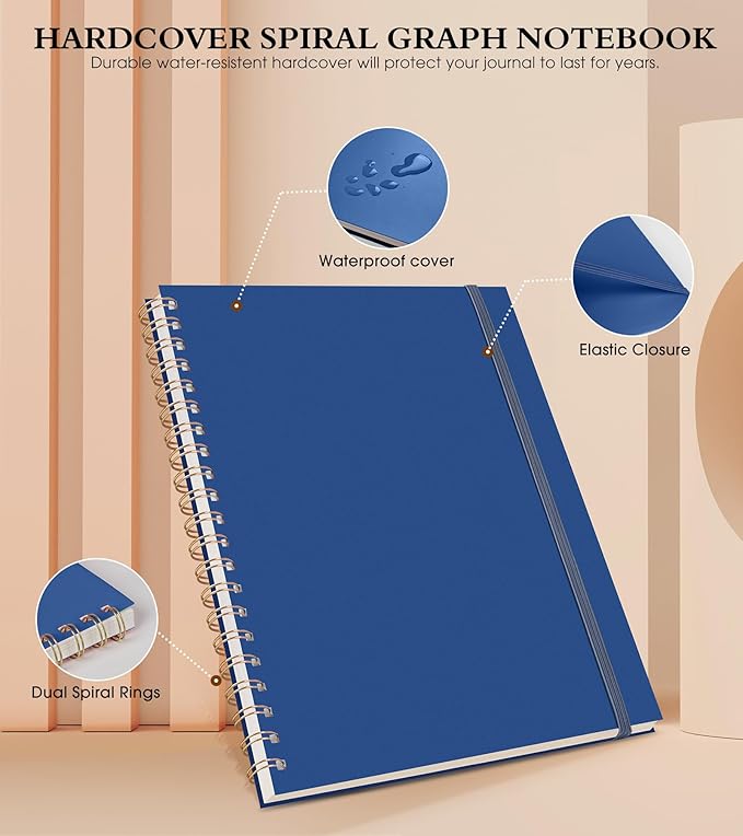 Graph Paper Notebook, Spiral Notebook Journal 8.5” x 11”, A4 Large Grid Notebooks for Women Men, 100 GSM Graph Paper, Plastic Hardcover Spiral Graphing Journals for Work School Engineering, Navy
