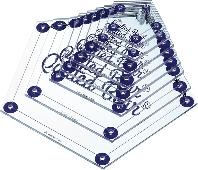 The Quilted Bear Pentagon Quilting Templates – 8 Clear Non-Slip Acrylic Quilt Templates for Precise Fabric Cutting & Stress-Free Machine Quilting - Ideal for Quilt & Sewing Supplies (¾–3")