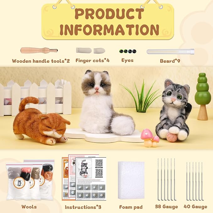 Mayboos Needle Felting Kit, 3 PCS Cat Animal Needle Felting Beginner Kits Wool Felt Needle Felting Tools with Instruction for DIY Craft Animal Home Decoration