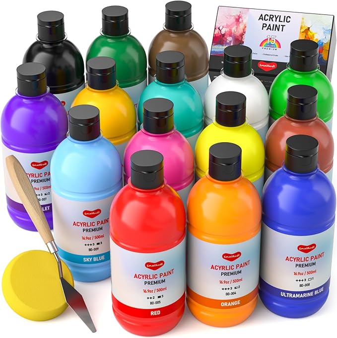 15 Colors Large Acrylic Paint Set (16.9 oz,500 ml), Bulk Acrylic Paint Non-Toxic Art Painting Supplies on Multi Surface Pumpkin Canvas Wood Craft Fabric Rock for Artist Kids with Color Wheel