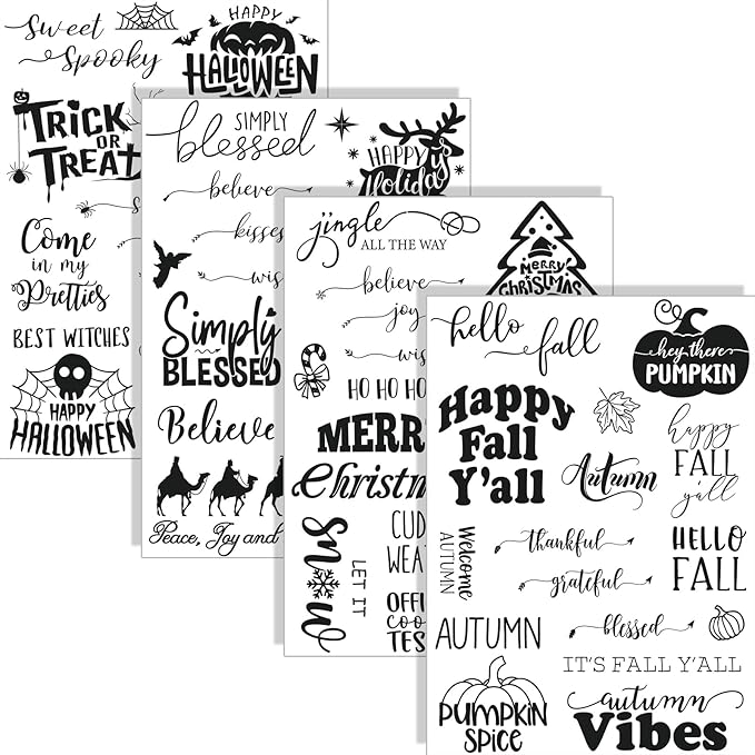 Whaline 4 Sheets Holiday Clear Stamps Fall Halloween Christmas Nativity Scene Greeting Words Silicone Transparent Stamps for DIY Craft Card Making Scrapbooking Embossing Album Decor