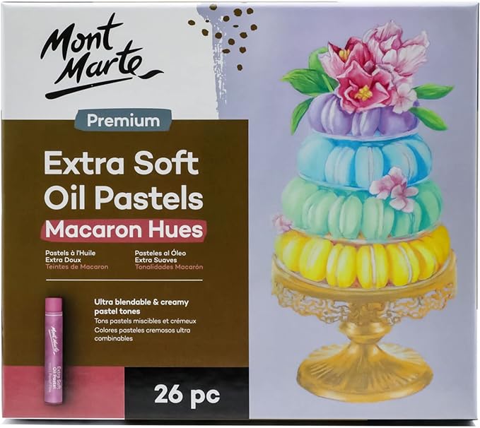 Mont Marte Extra Soft Oil Pastels Macaron Hues Premium 26pc, Assorted Pastel & Metallic Colors, Vibrant, Buttery, Versatile Art Pastels for Blending, layering & Shading, Coloring, Sketching