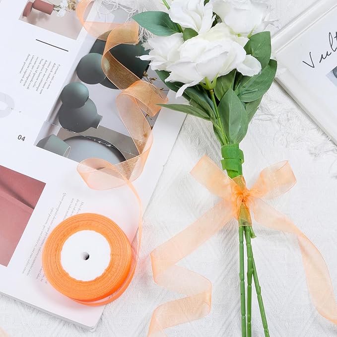 Ribbon for Gift Wrapping 3/4 inch Orange Sheer Organza Ribbon for Flower Bouquet Tulle Thin Chiffon Ribbons for Wedding Invitations Christmas Halloween Presents Decorations Crafts 50 Yards