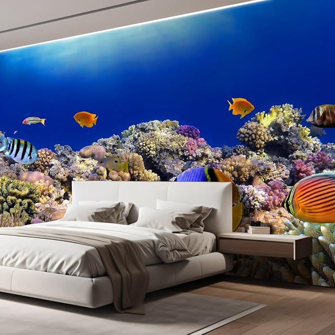 wall26 Removable Wall Sticker/Wall Mural Tropical Blue Fish Coral Reef Ocean Seascape Nature Wilderness Photography Realism Nautical Landscape Decorative for Living Room, Bedroom, Office - 100"x144"