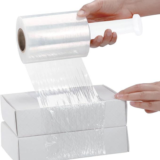 PSBM Mini Stretch Wrap with Handle, 12 Pack, 5 Inch x 1000 Feet, 90 Gauge, Clear, Small Plastic Cling Film for Pallets Moving Storing